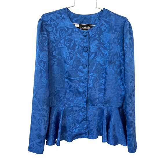 Vintage 80s Alexis Fashion Peplum Top Size 16 Button Long Sleeve Floral Jacquard - Picture 1 of 6